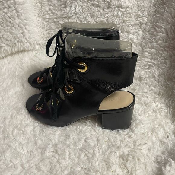 Nine West leather Black lace up sandals  ,bootie open toe Block heels SZ 10M - Picture 1 of 8